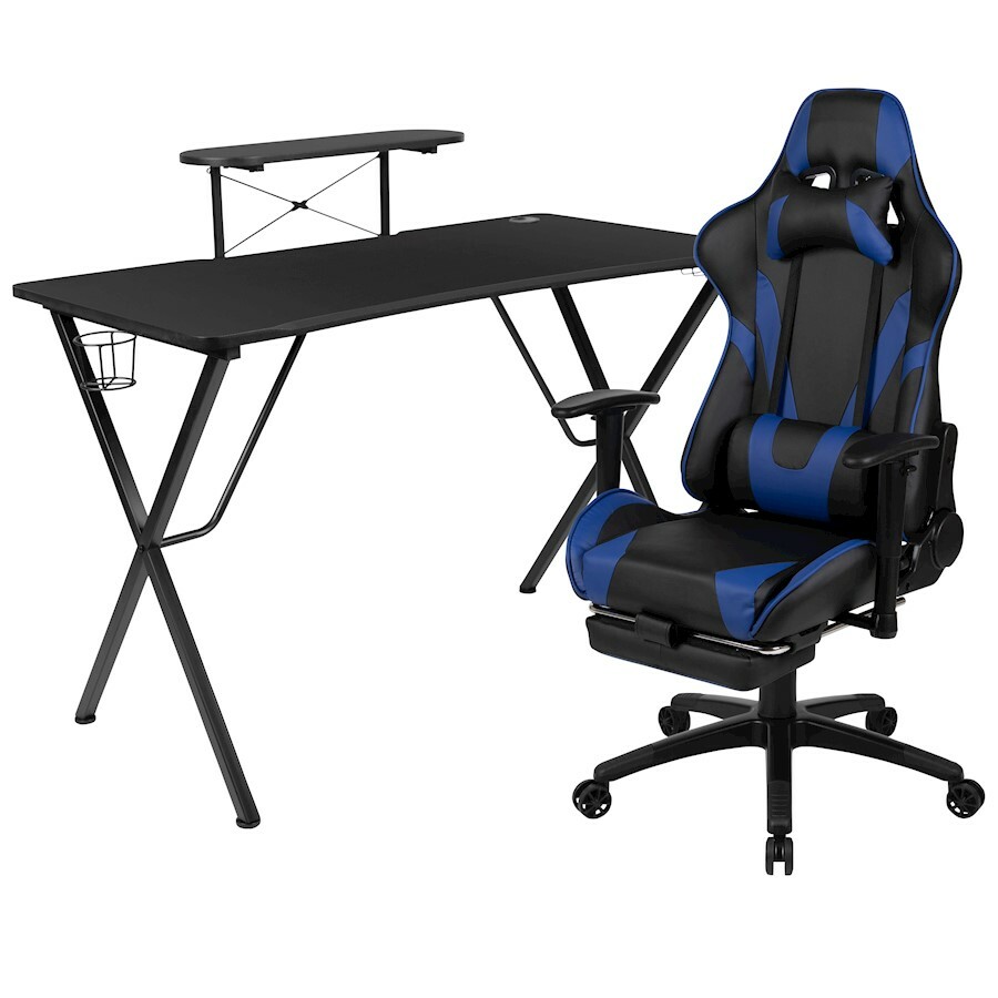 Flash Black Gaming Desk Blue Reclining Gaming Chair/Footrest
