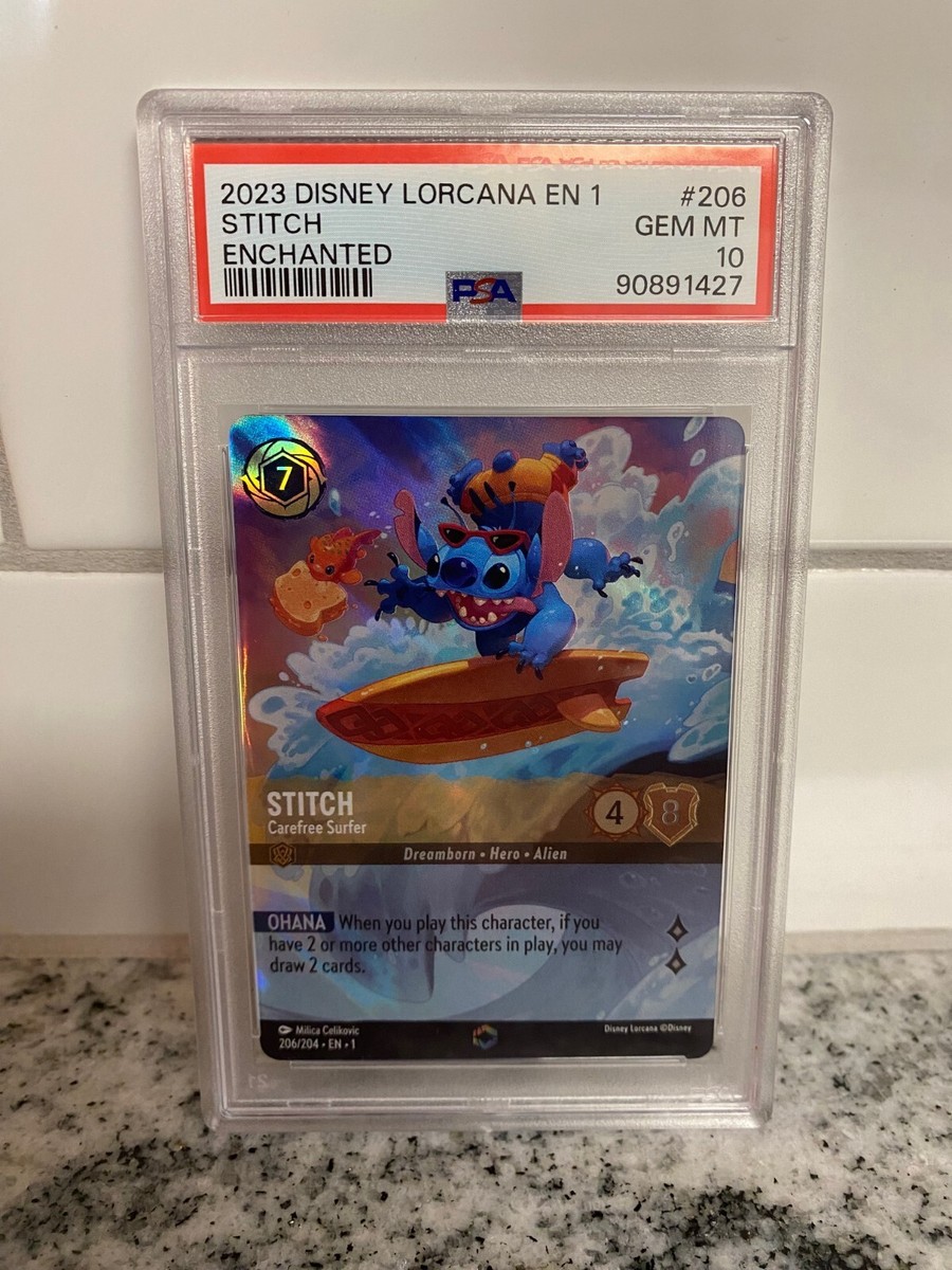 Disney Lorcana Stitch Carefree Surfer Enchanted 206/204 PSA Disney Lorcana Stitch Carefree Surfer Enchanted 206/204 PSA