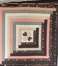 Handmade Quilted Wall Decor Log Cabin Design 29x29 Wood Dowel Brown Peach Ivory