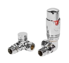Chrome Corner Thermostatic TRV Radiator Valves 1/2" x 15mm - Twin Pack TC