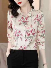 Camicia Maglia Blusa Donna Camicetta Maniche Lunghe Seta Fiori Raso 4 49746
