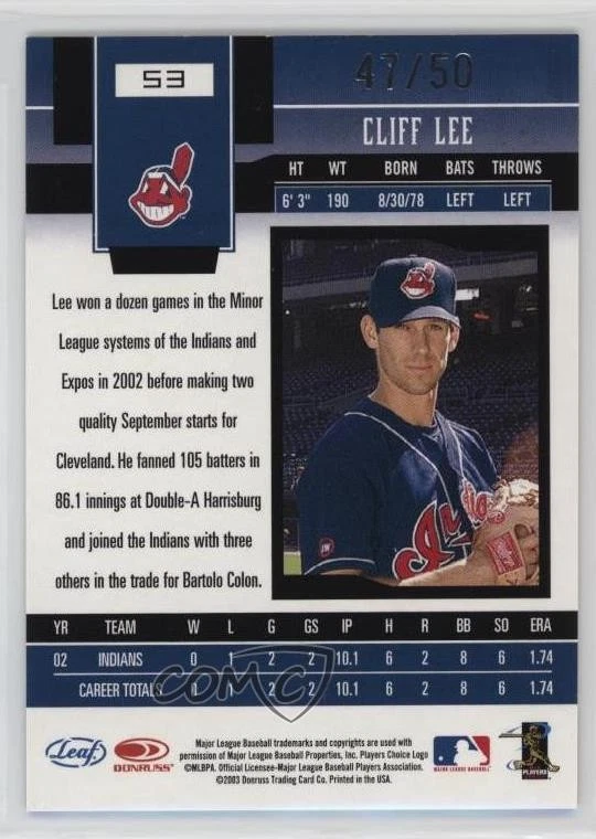2003 Leaf Certified Materials Mirror Blue Signatures /50 Cliff Lee #53 Auto - Image 2 of 2
