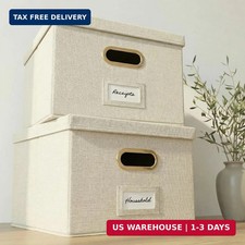 Decorative File Organizer Box Set of 2 - Collapsible Linen Filing Cabinets with