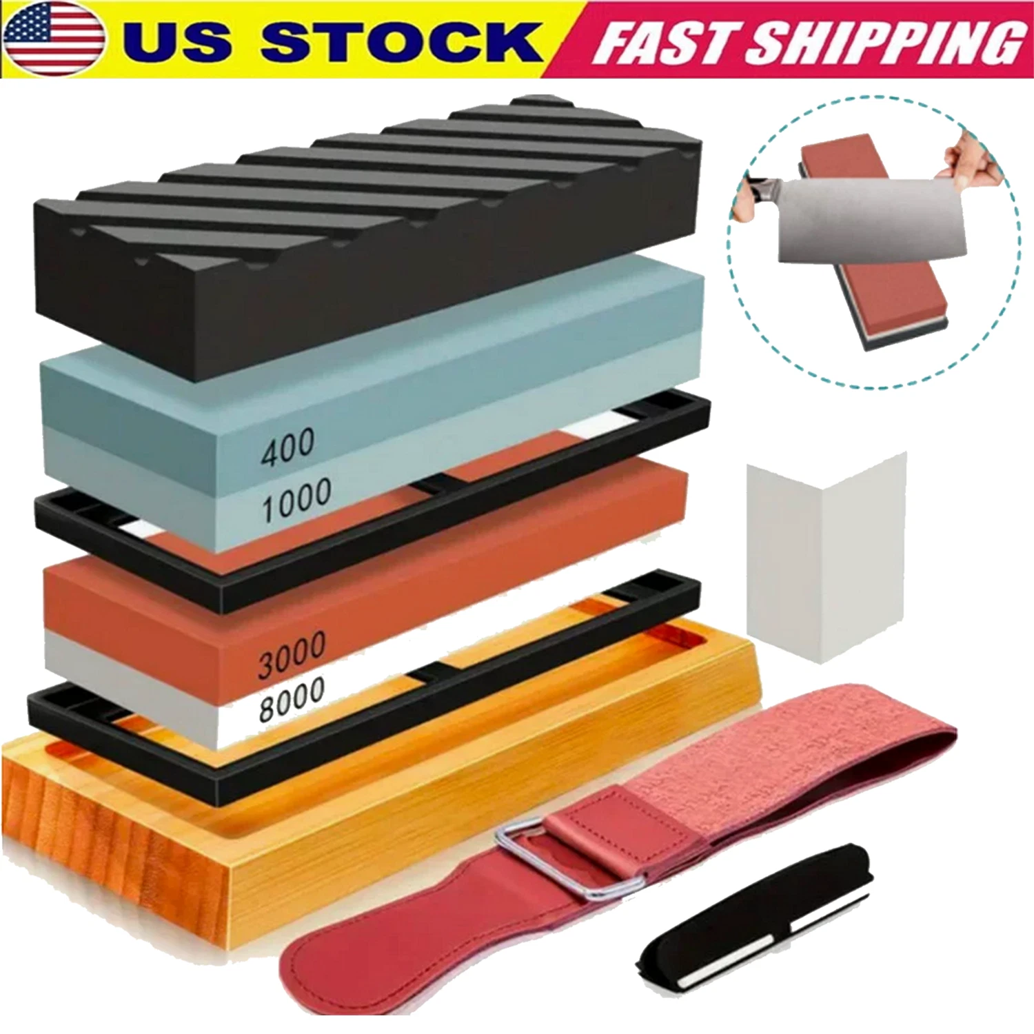 Knife Sharpening Stone Set Professional Whetstone 4 Side Grit 400/1000 3000/8000