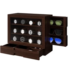 Wooden Watch Sunglass Display Case,12 Watch Box with Jewelry Drawer,Watch Eye...