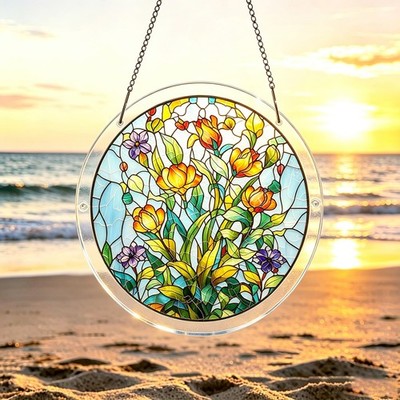 Vintage Orange Tulip Green Leaf Mosaic Acrylic Puzzle Suncatcher Wall Decor