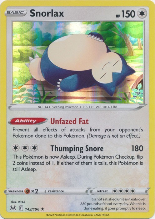 Snorlax 143/196 Holo  Lost Origin Pokemon Card - NM