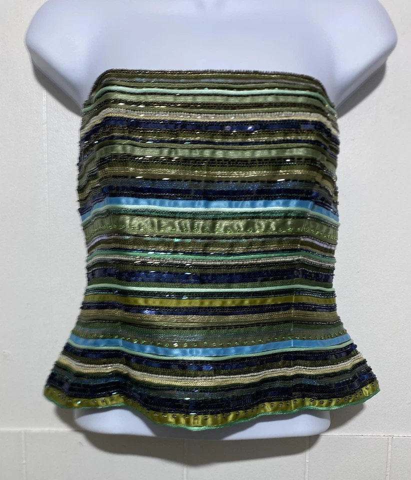 Top Kay Unger New York para mujer 8 verde azul con cuentas lentejuelas sin tirantes bustier de seda Foto 2 de 4