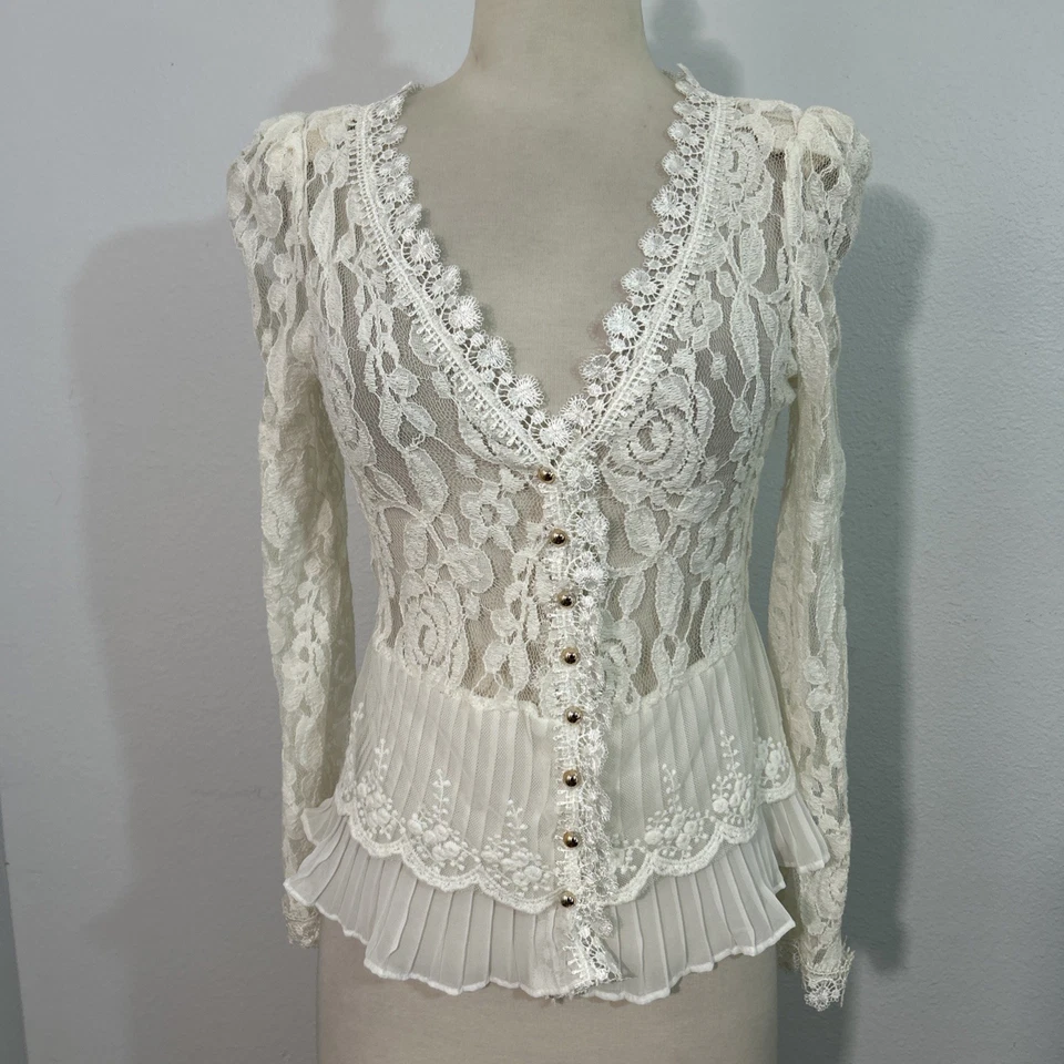 Vtg Lace Blouse Womens L White Sheer Gold Button Edwardia Victorian Romantic 90s - Image 2 of 4