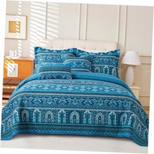 Cotton Quilt Queen Size Bedding Set - 3 Pieces Queen 90"  98" Striped Blue