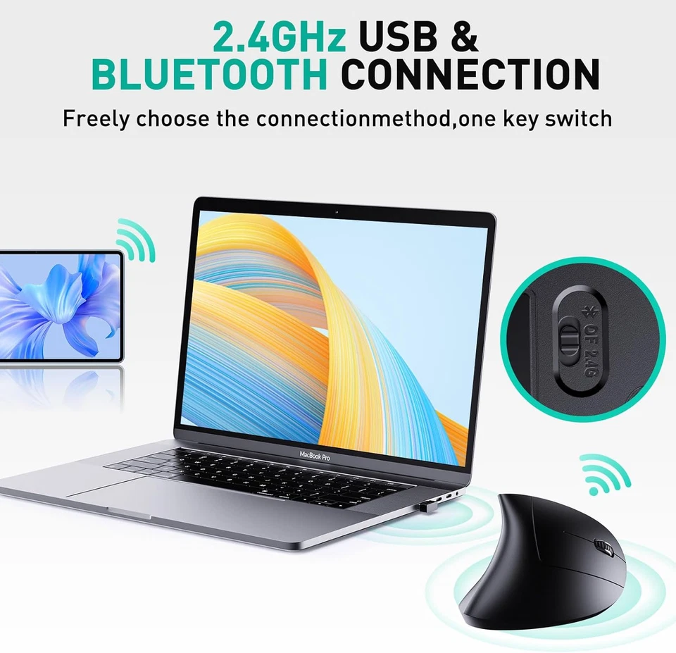 Bluetooth 2.4G Wireless Vertical Mouse Rechargeable Ergonomic 6 Button Black - Image 2 of 4