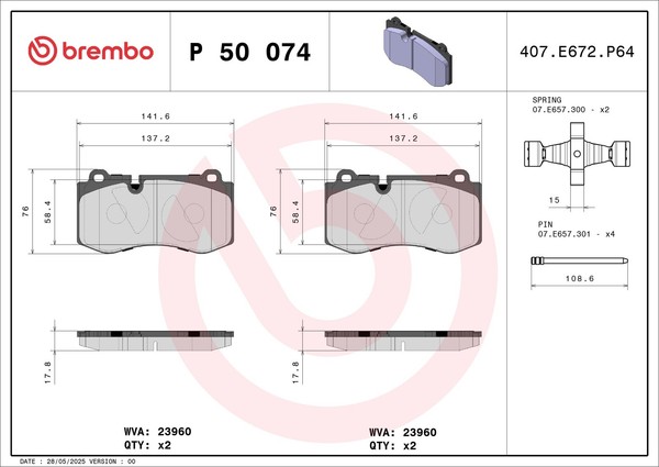 Bremsbelagsatz Scheibenbremse Prime Brembo P 50 074 FüR Mercedes CLS C219 Klasse-image