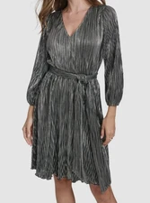 Halston Women's Silver Metallic-Stripe Tie-Waist V-Neck Dress Size 8