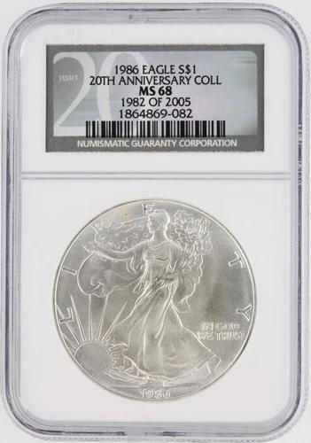 1986 Silver Eagle NGC MS68 S$1 20th Anniversary Coll Philadelphia Minted