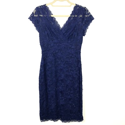Marina Size 4 Blue Tiered Lace Beaded Cap Sleeve Cocktail Knee Length Dress  | eBay