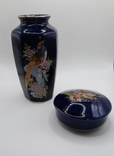 VTG Kutani Vase 6" & Trinket Round Dish 3.5"  Peacock Floral Cobalt Blue