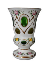 Bohemian White Cut-to-Green Cased Glass Vase with Hand-Painted Florals on Ormolu Base — listing 4
