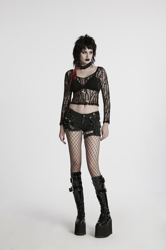 Punk Rave Women Personality Street Hollow Ripped Hole Thin Sweaters V-Neck Tops - Picture 8 of 18