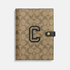 NWT New Coach Notebook Signature Canvas W/ Varsity Motif Khaki Green Multi CC055