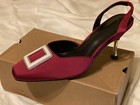Women size 8 sling back strap square buckle kitten heels burgundy shoesdress NEW — photo 1