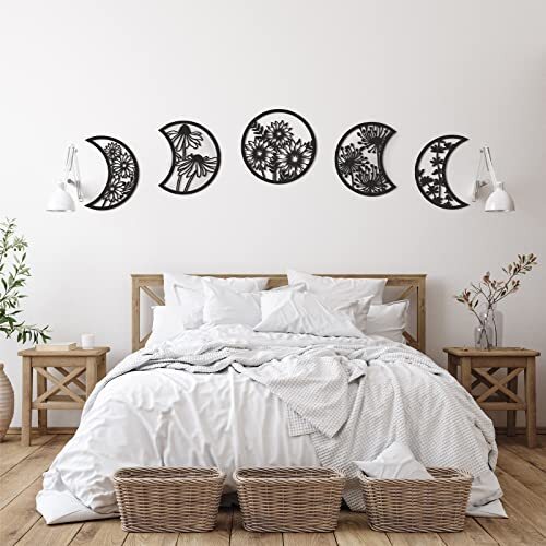 5 Pieces Moon Phase Wall Decor Boho Hanging Moon Phase Nordic Wood Wall Art 