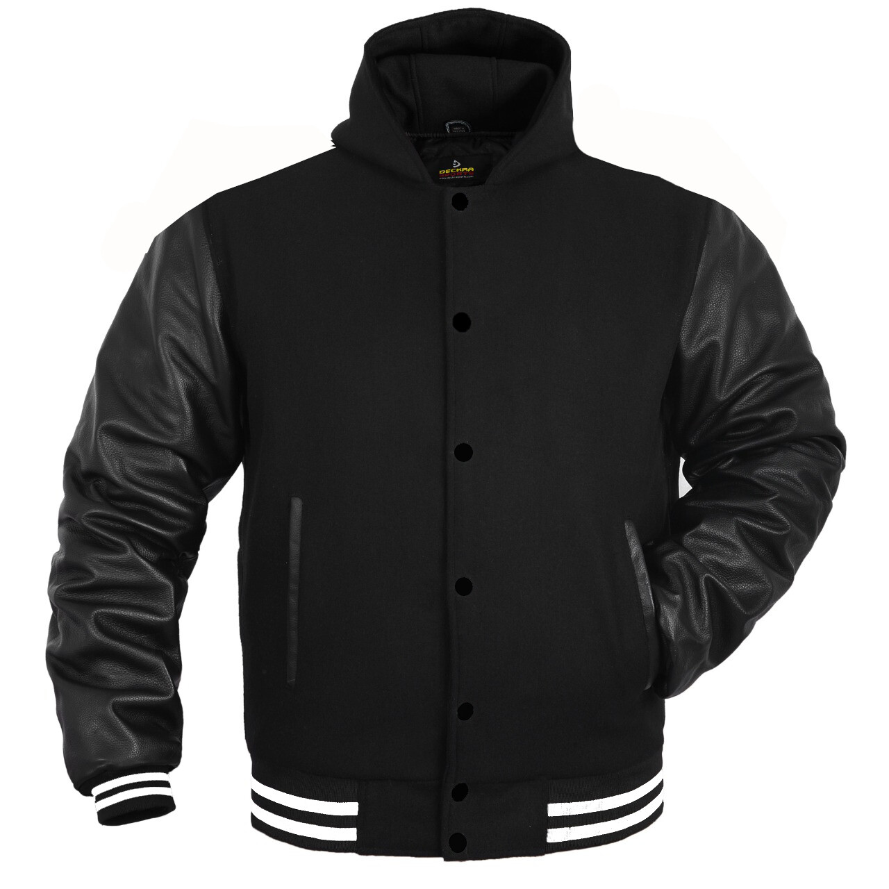 With Hood Wool + Leather Varsity Baseball Jackets Hoodie