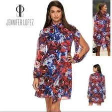 Jennifer Lopez Chiffon Hawaiian Floral Print Shift Dress Sz 6 Split Sleeve