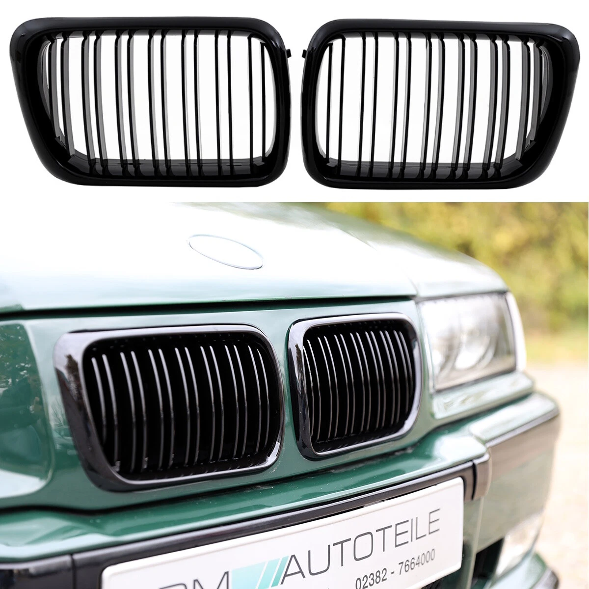 Set Kühlergrill Grill Schwarz Glanz Doppelsteg für BMW 3er E36 