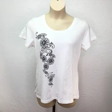 Womens X Large XL Top White w/ Black Daisy Screen Print Short Sleeve Scoop Neck