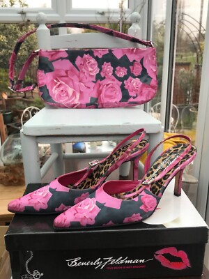 Beverly Feldman pink rose high heel sling shoes UK and