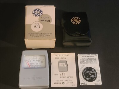 TESTED GOOD GE Light Meter Type 213 W/Case, Manual, Camera Wheel & Original Box