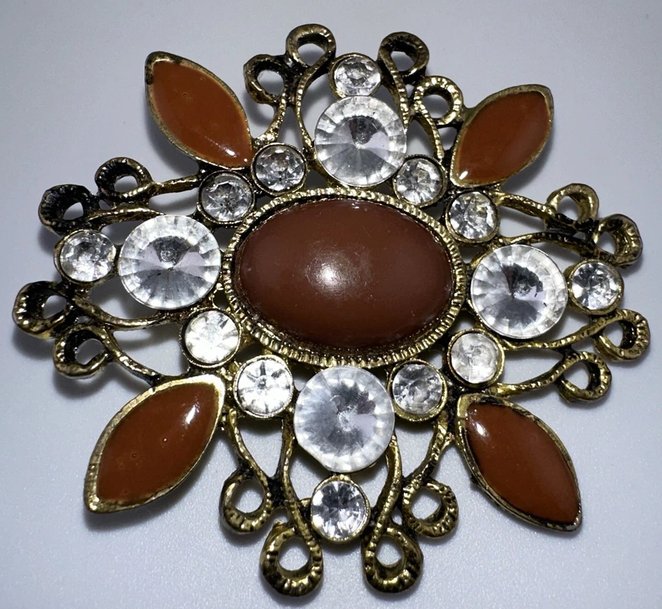 Gothic Victorian Dark Metal Pin, Faux Pearl Center, Black Enamel, Clear Stones - Image 4 of 4