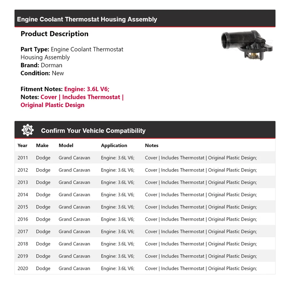 Conjunto de carcaça termostato Dorman Dodge Grand Caravan 3.6L V6 2011-2020 - Imagem 2 de 4
