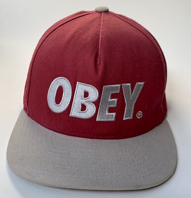 OBEY Adjustable Snapback Embroidered Logo Gray Maroon Cap Hat Ballcap Snap  Back