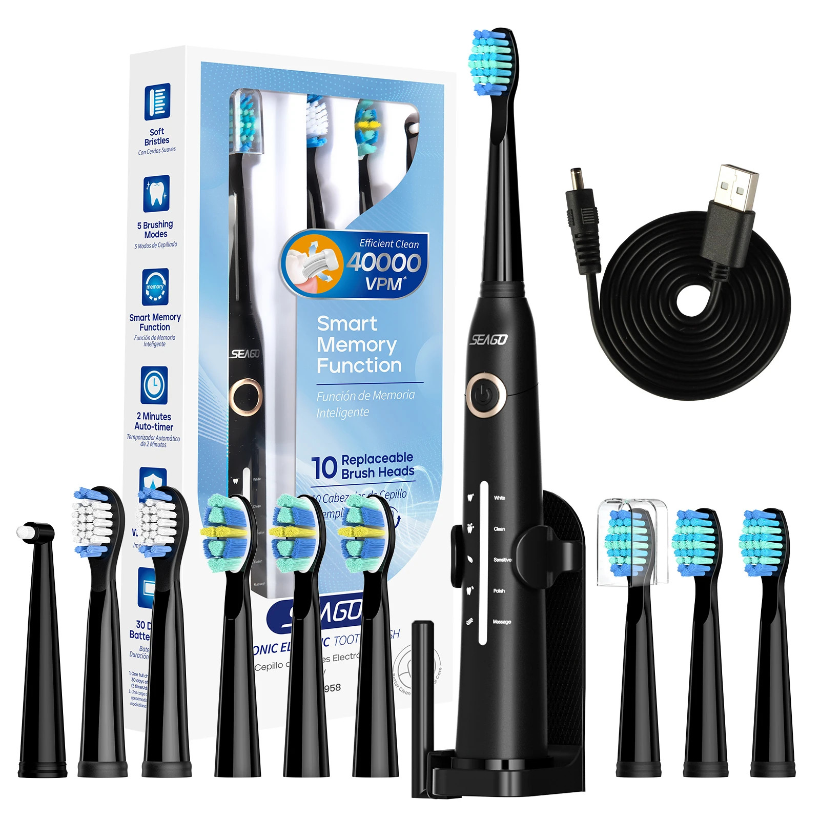 Sonic Electric Adult Ultrasonic Toothbrush USB Rechargeable with 10 Replacement 