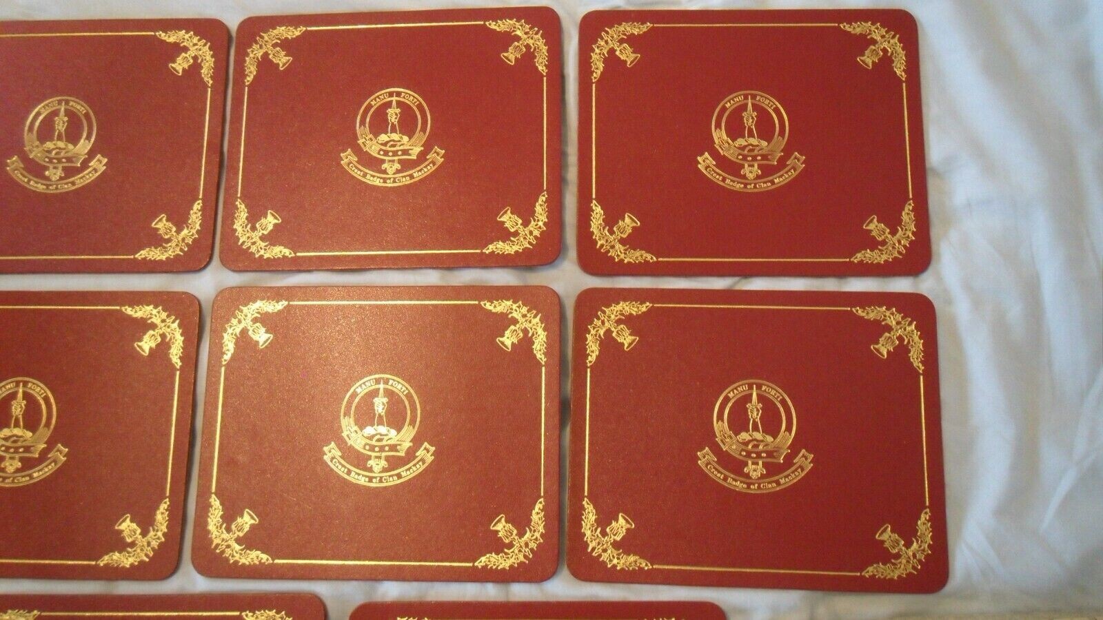 8 x Vintage Crest Badge Clan Mackay Tablemats, Dee Kay Leather & Cork