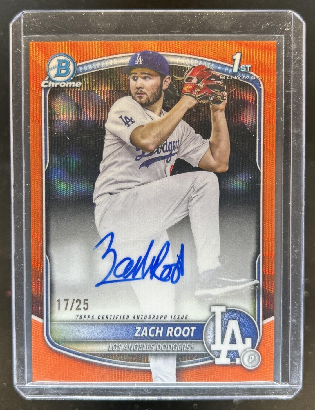 2025 Bowman Draft Zach Root Chrome Auto Orange Wave Refractor 1st #/25 Dodgers