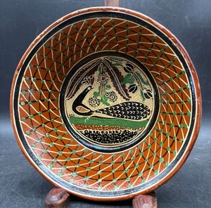 Jose Bernabe Mexican Tonala Pottery Bowl Petatillo Birds Signed 6.75"
