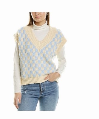 English Factory check Sweater Vest size small blue ivory Preppy Oversized Plaid