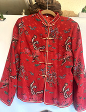 RED CHINESE STYLE JACKET MANDARIAN COLLAR FROG CLOSURE MED 38 BUST 24, L LINED