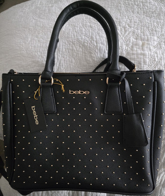 bebe black studded satchel bag gold hardware detachable strap double handles