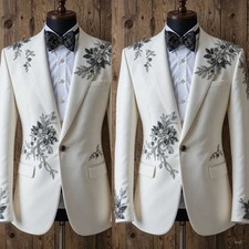 New Men's Floral White Suits Slim Fit Long Coat Jacket Pant for Evening Party