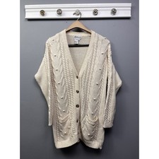 Vintage Statements Fisherman Cable Cardigan Womens Medium Ivory Cream pockets