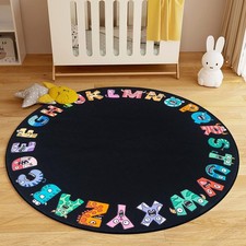 ABC Alphabet Rug for Kids, Classroom Playmat 5ft Circle Rugs, Black 5' Round 