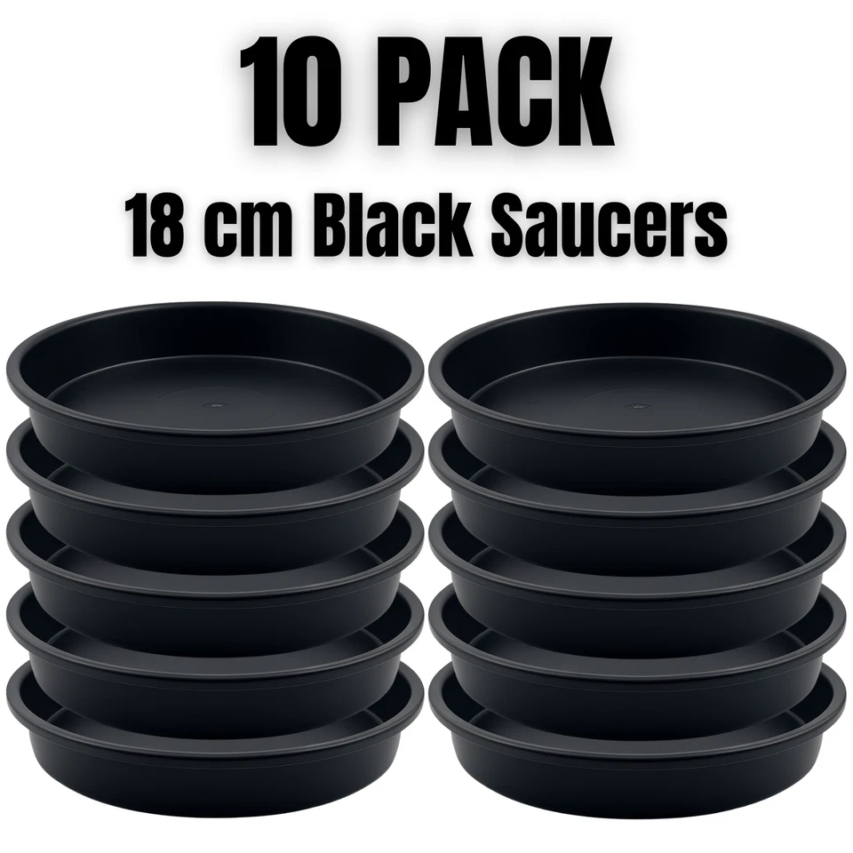 GARDENERS CORNER Plant Pot Saucers 10 Pack 18 cm Black – Heavy Duty Plastic Drip Trays Small Pots