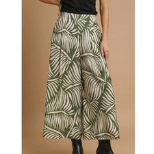 Umgee Olive Green Wide Leg Palazzo Pants Tropical Leaf Print Flowy Boho Vacation