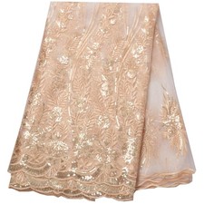 African Lace Fabric Embroidered Sequins 5 Yards Beige
