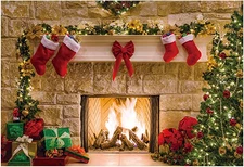 7X5Ft Christmas Fireplace Backdrop Interior Vintage Xmas Tree Stockings Photogra
