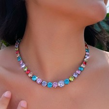 Rainbow Round Zirconia Crystal Silver Plated Tennis Necklace Women Party Jewelry