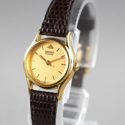 SEIKO 1981 Vintage 2Y01-0A10 Women's Watch Gold 20mm NewBattery SeikoLeatherBand